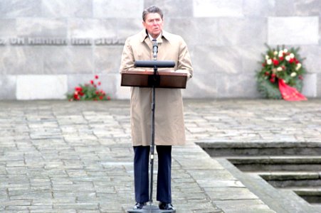 President Ronald Reagan during his trip to the Federal Republic of Germany and his remarks at the Bergen Belsen concentration camp photo