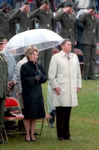 President Ronald Reagan and Nancy Reagan attend Memorial Service for Lebanon and Grenada casualty victims at Camp Lejeune