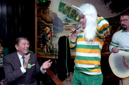 President Ronald Reagan during lunch at the Ireland's Own restaurant with the owner Pat Troy in Alexandria, Virginia