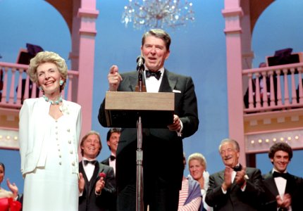 President Ronald Reagan and Nancy Reagan Attending The Ford's Theater Festival Gala with Victor Borge and Richard Chamberlain in The Background in Washington DC NARA 75854841