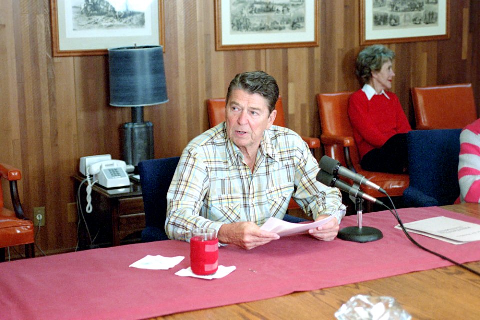 President Ronald Reagan and Nancy Reagan during his radio address to the Nation on Civil Rights at Camp David