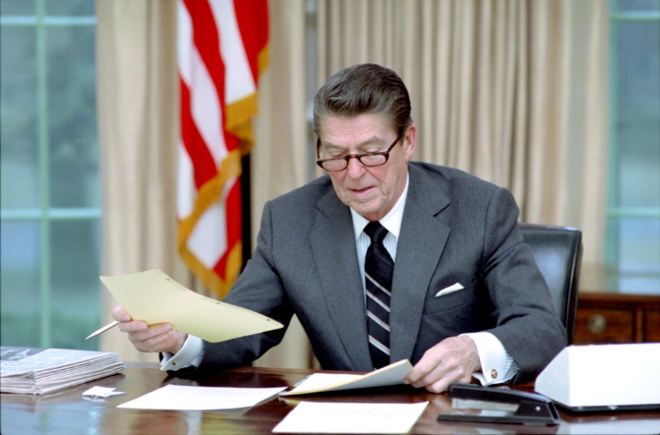 President Ronald Reagan First Day in Administration in Oval Office