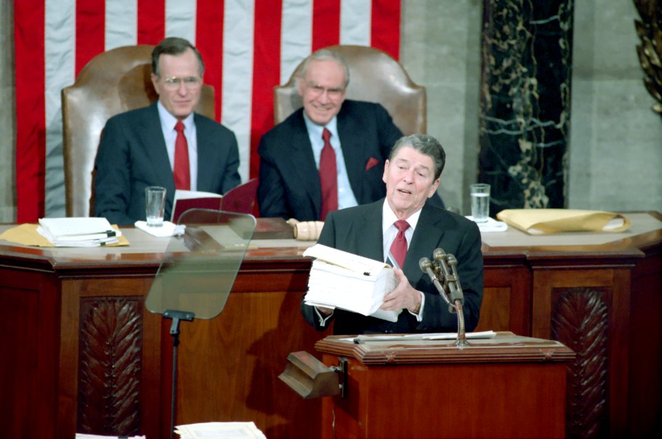 President Ronald Reagan Gives the State of The Union Address to Congress at the United States Capitol