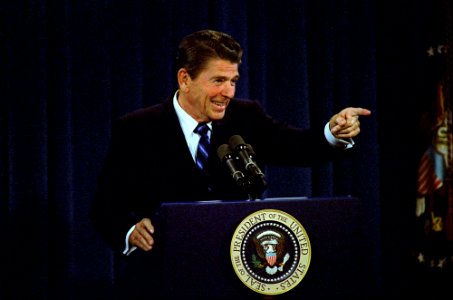 President Ronald Reagan giving a Press Conference in Room 450 of the Old Executive Office Building