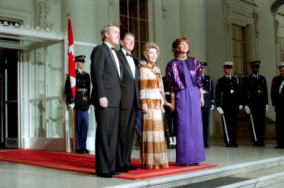 President Ronald Reagan and Nancy Reagan greeting Prime Minister Brian Mulroney and Mila Mulroney