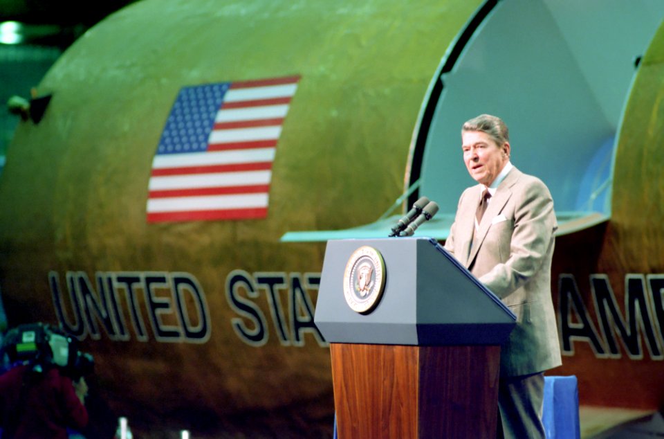 President Ronald Reagan giving a speech on SDI