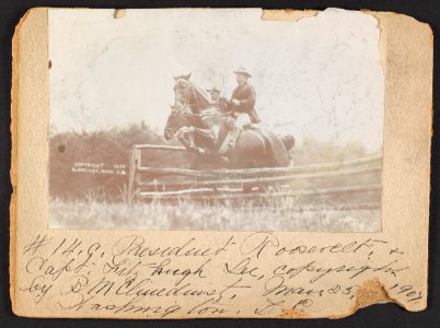 President Theodore Roosevelt and Capt. Fitzhugh, on horseback, jumping fence LCCN95512176