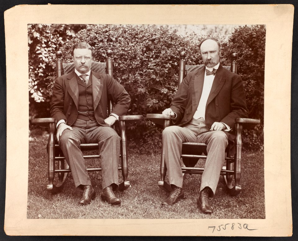 President Theodore Roosevelt and Senator Charles Fairbanks, seated in rocking chairs on a lawn at Sagamore Hill, Oyster Bay, N.Y. LCCN2013649640