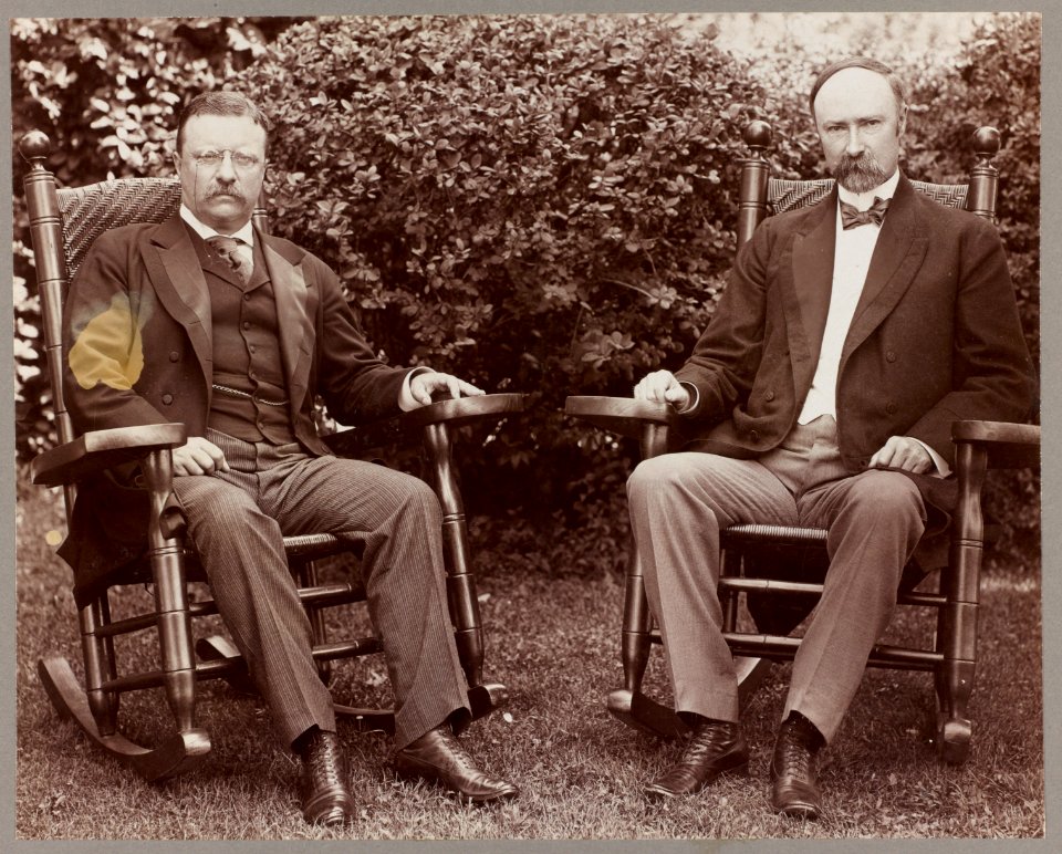 President Theodore Roosevelt and Vice President Charles Fairbanks, seated in rocking chairs on a lawn LCCN2009631545