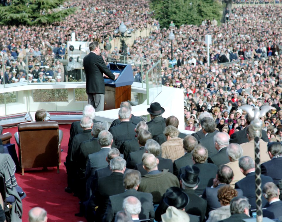 President Ronald Reagan giving the Inaugural Address at the US Capitol
