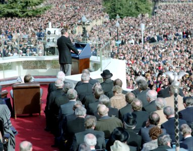 President Ronald Reagan giving the Inaugural Address at the US Capitol