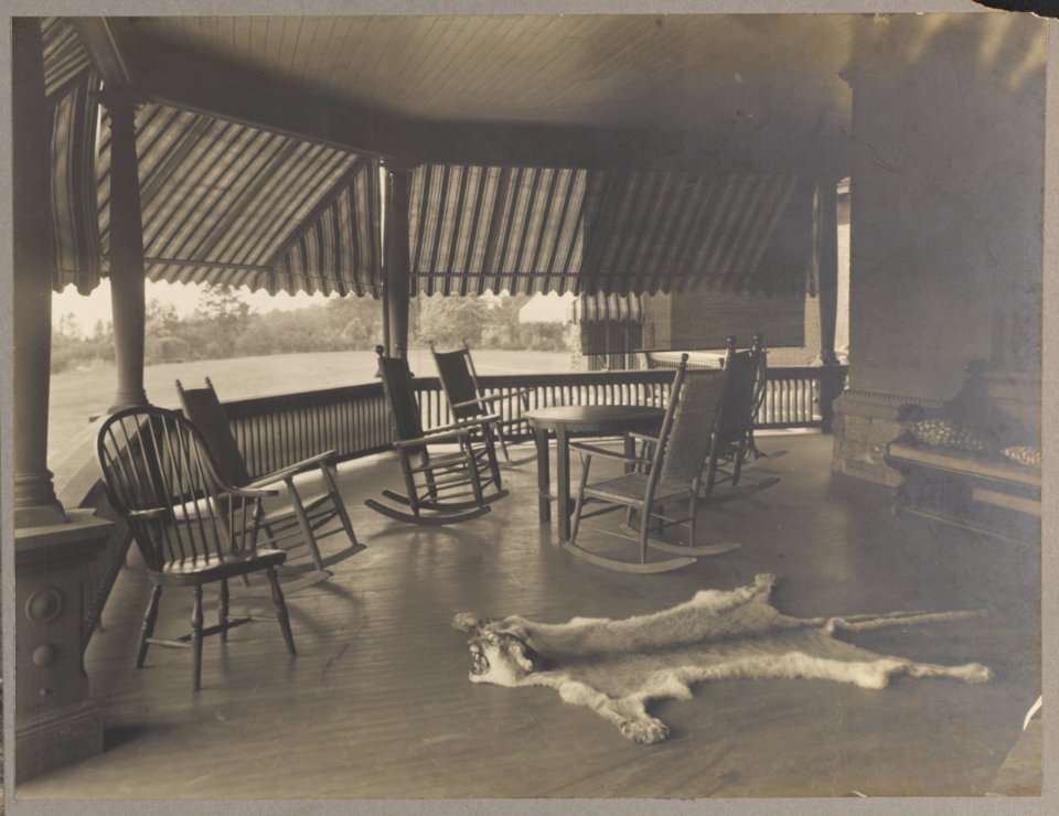 President Roosevelt's country home, Sagamore Hill in Oyster Bay, New York, view of porch with mountain lion skin on floor LCCN92520944