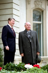President Ronald Reagan greeting Mikhail Gorbachev