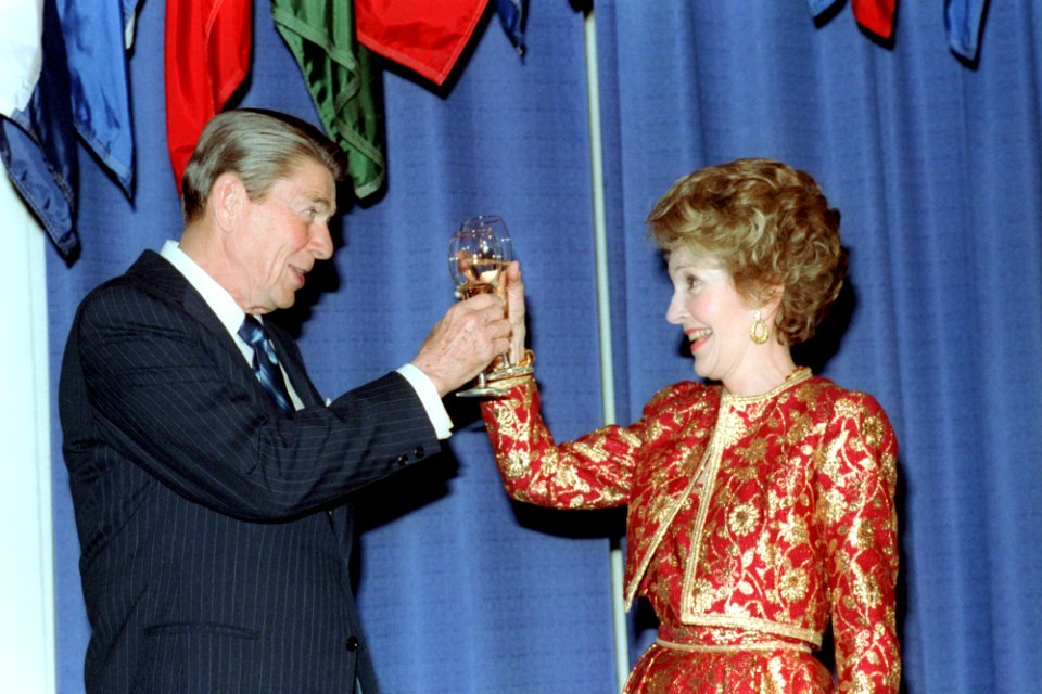 President Ronald Reagan and Nancy Reagan toasting at a reception for Republican Eagles in Washington DC