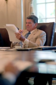 President Ronald Reagan in a Cabinet Meeting