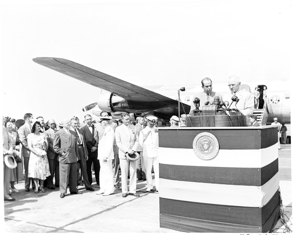 President Truman and President Romulo Gallegos of Venezuela at a podium at the airport where President Gallegos has... - NARA - 199810