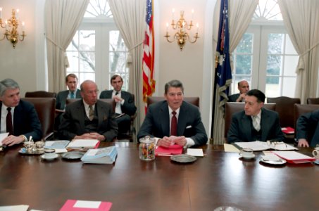 President Ronald Reagan leads a cabinet meeting