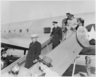 President Truman arrives in Washington, D. C. from his vacation in Florida. Descending the airplane, from the bottom... - NARA - 199779