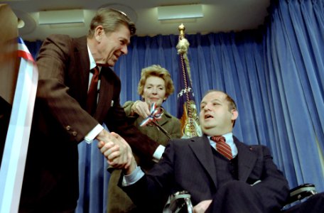 President Ronald Reagan and Nancy Reagan with James Brady at a Ceremony to Reopen The White House Press Room