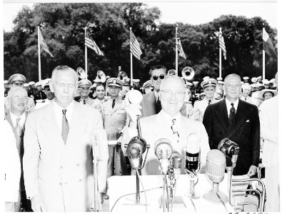 President Truman attends ceremonies celebrating the 100th anniversary of the Washington Monument. He is at the... - NARA - 199852