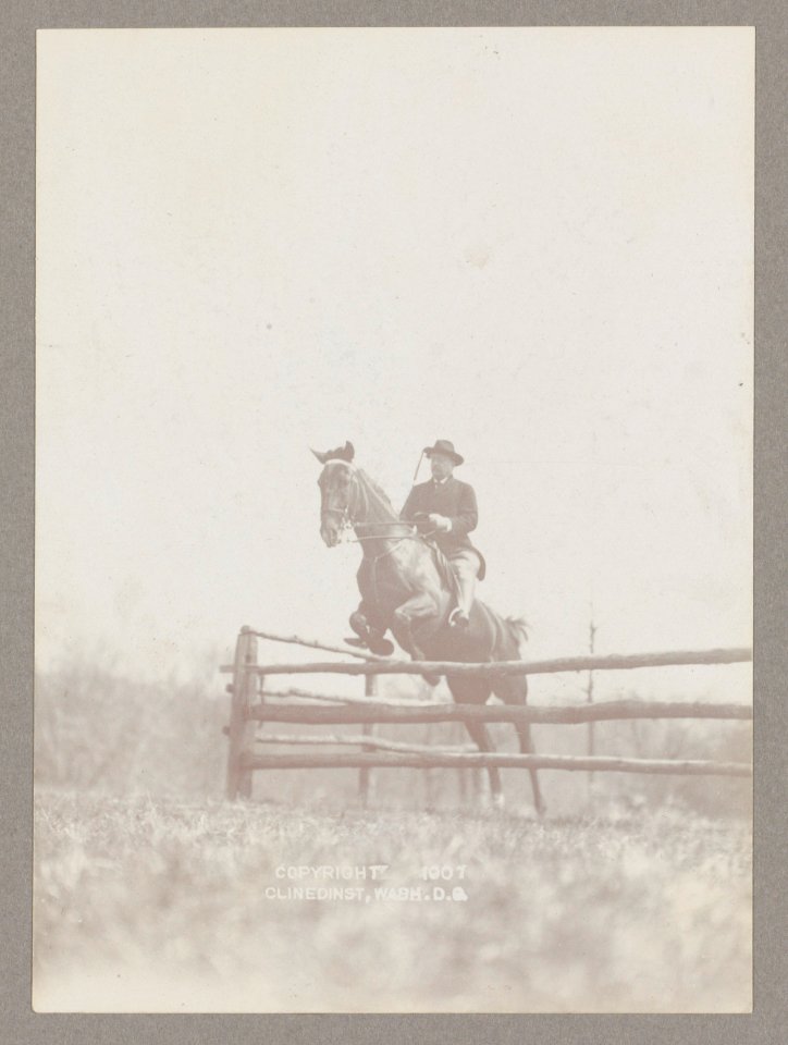 President Theodore Roosevelt on horseback jumping over rail LCCN2013649488