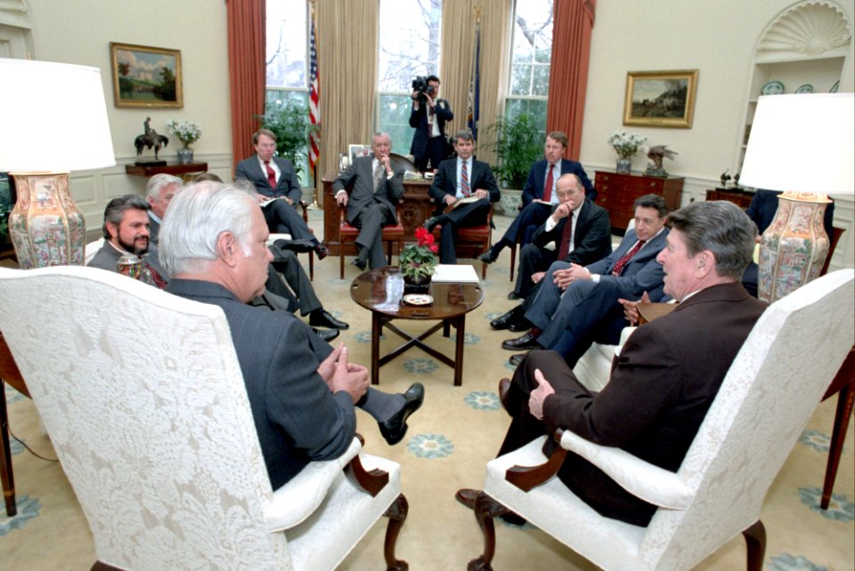 President Ronald Reagan meeting to discuss proposed Contra Aid Package