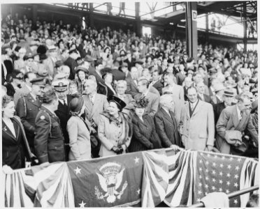 President Truman attends the opening baseball game at Griffith Stadium in Washington, D. C. between Washington and... - NARA - 199756