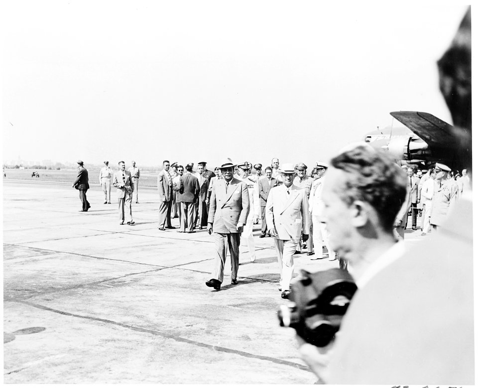 President Truman greets President Romulo Gallegos of Venezuela at the airport upon President Gallegos' arrival in the... - NARA - 199814