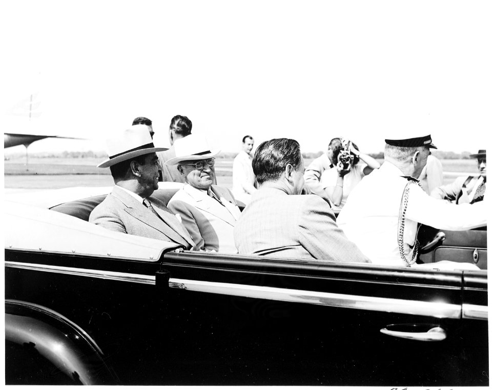 President Truman greets President Romulo Gallegos of Venezuela at the airport upon the arrival of President Gallegos... - NARA - 199819