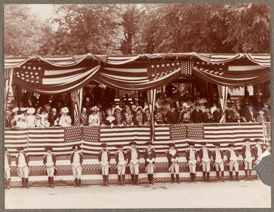 President Theodore Roosevelt standing in reviewing stand for ceremony to unveil Rochambeau statue by J.J. Fernand Hamar in Lafayette Square, Washington, D.C. LCCN2005686544