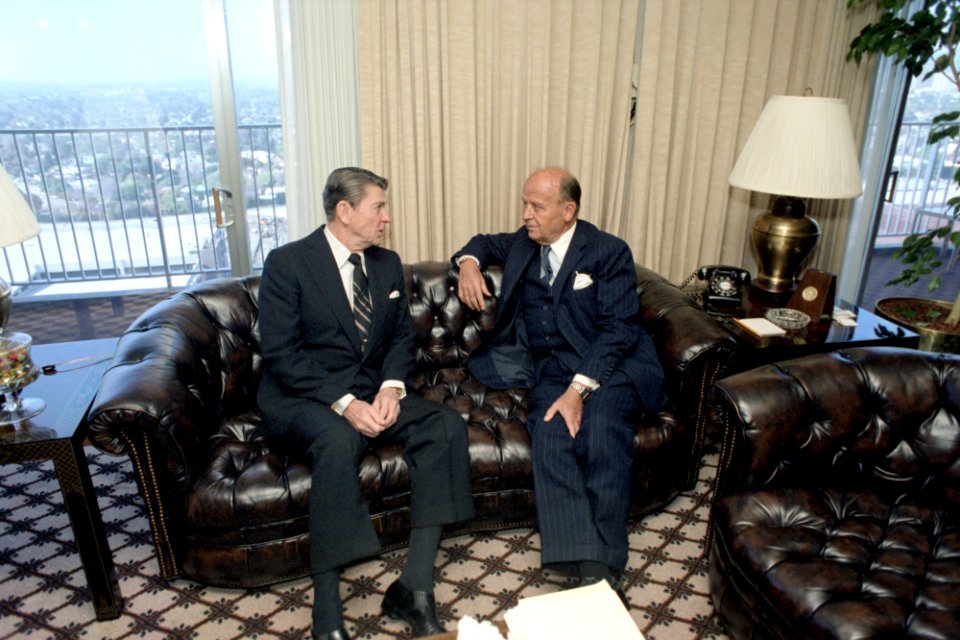 President Ronald Reagan meeting with J. Peter Grace at Century Plaza Hotel in Los Angeles, California