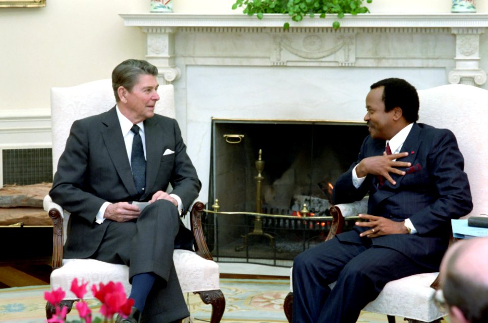 President Ronald Reagan meeting with President Paul Biya of Cameroon in the Oval Office