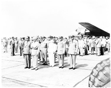 President Truman and President Romulo Gallegos of Venezuela are at attention in an airport ceremony upon the arrival... - NARA - 199818