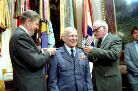 President Ronald Reagan and Senator Barry Goldwater present the fourth star to General Jimmy James Doolittle