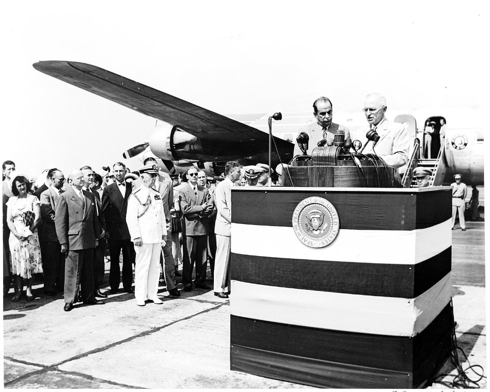 President Truman and President Romulo Gallegos of Venezuela at the podium during a ceremony at the airport upon the... - NARA - 199820
