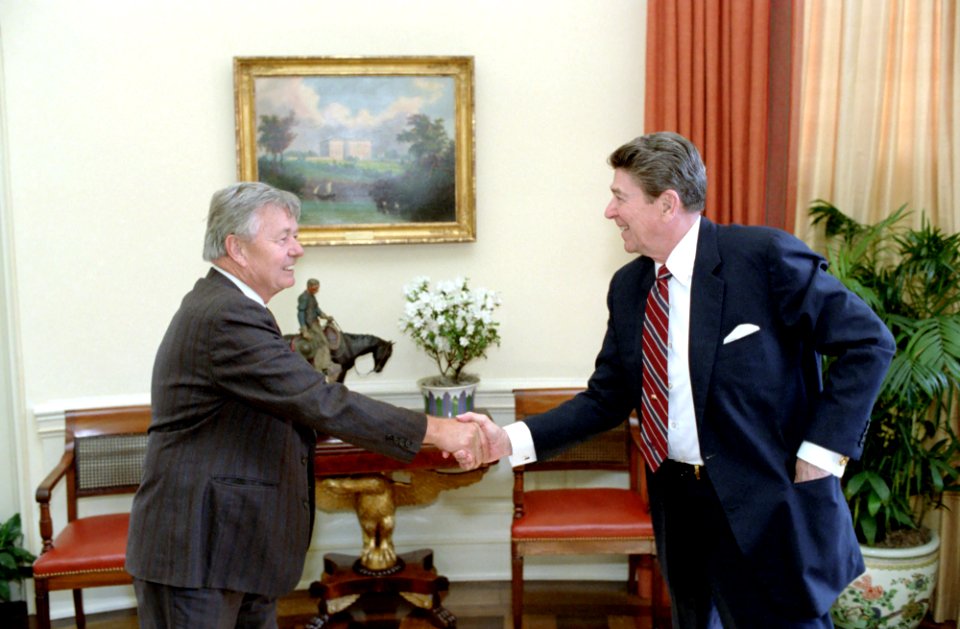 President Ronald Reagan meeting with Stu Spencer in the Oval Office