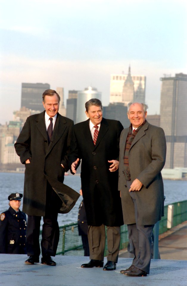 President Ronald Reagan and Vice President George H. W. Bush meet with Soviet General Secretary Mikhail Gorbachev on Governor's Island New York