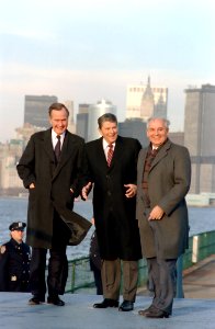 President Ronald Reagan and Vice President George H. W. Bush meet with Soviet General Secretary Mikhail Gorbachev on Governor's Island New York photo