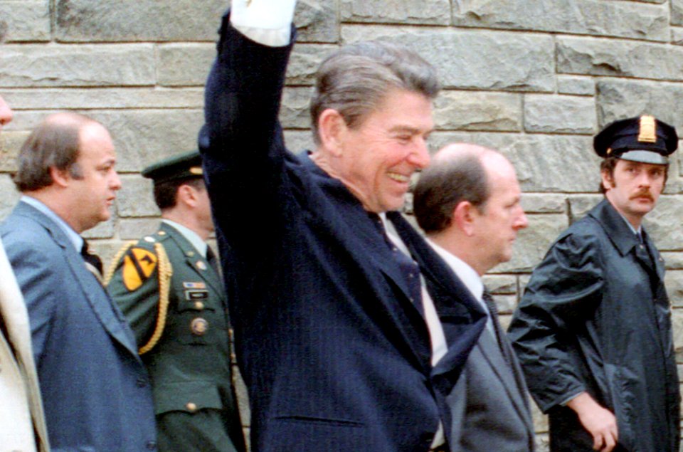 President Ronald Reagan moments before he was shot in an assassination attempt 1981 (cropped)
