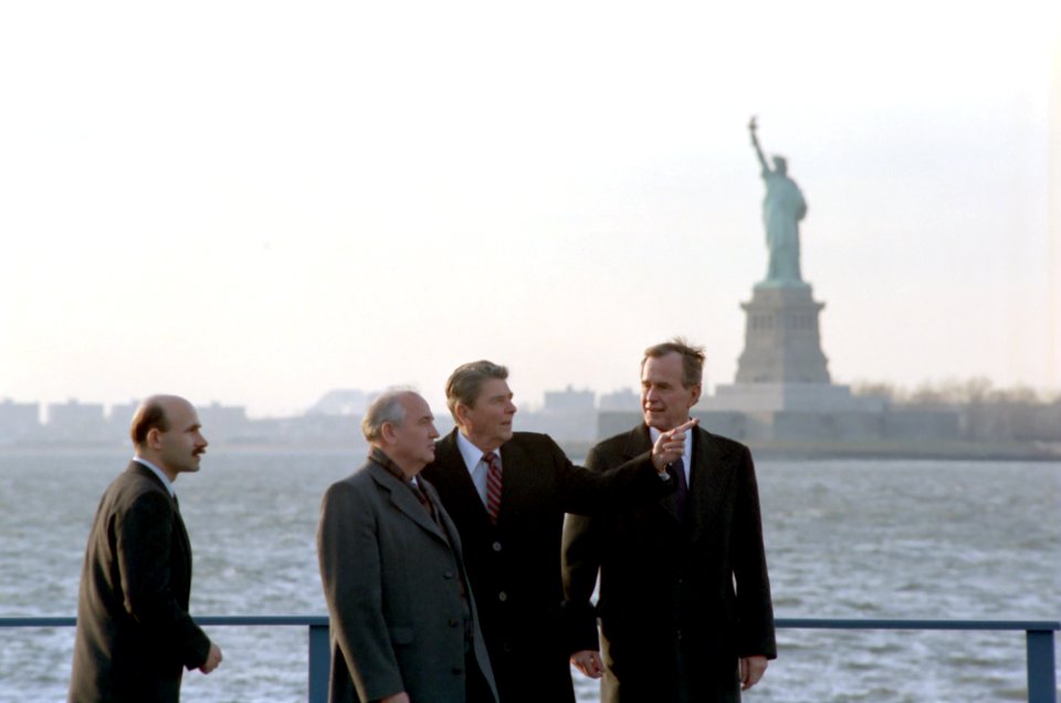 President Ronald Reagan and Vice-President George H. W. Bush meet with Soviet General Secretary Mikhail Gorbachev on Governor's Island New York
