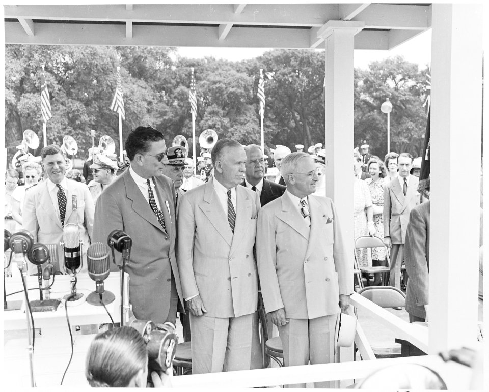 President Truman attends ceremonies celebrating the 100th anniversary of the Washington Monument. This photo shows... - NARA - 199837