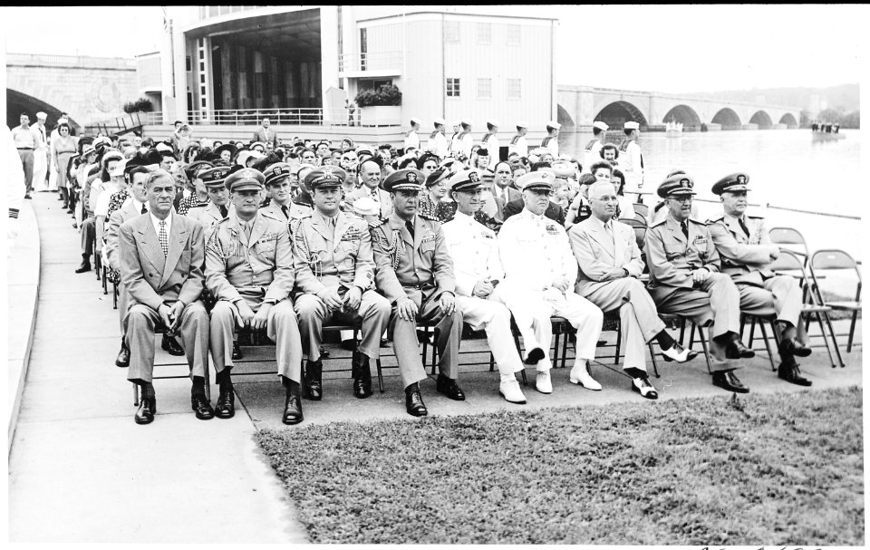 President Truman attends Memorial Day services at Water Gate. L to R, first row, Press Secretary Charles Ross, Gen.... - NARA - 199856