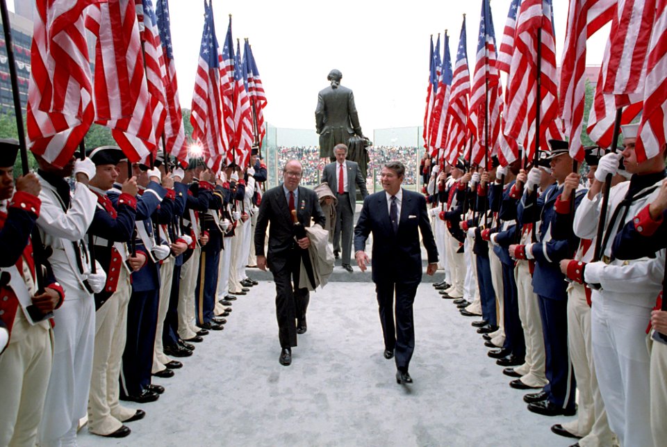 President Ronald Reagan passing through a Military Honor Guard at Independence Hall