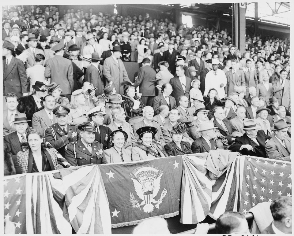 President Truman attends the opening baseball game at Griffith Stadium in Washington, D. C. between Washington and... - NARA - 199755