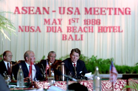 President Ronald Reagan at a meeting with ASEAN Foreign Ministers at Nusa Dua Beach Hotel in Bali, Indonesia