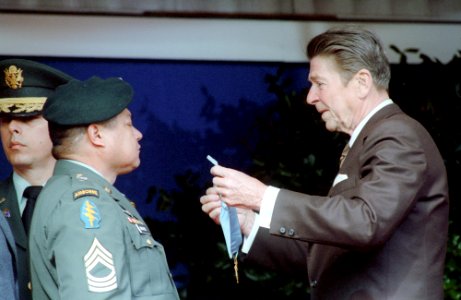 President Ronald Reagan presenting medal of honor to Sergeant Roy Benavidez at a Ceremony at the Pentagon