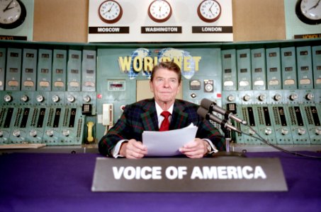 President Ronald Reagan Radio Address to the Nation at Voice of America Building in Washington DC photo
