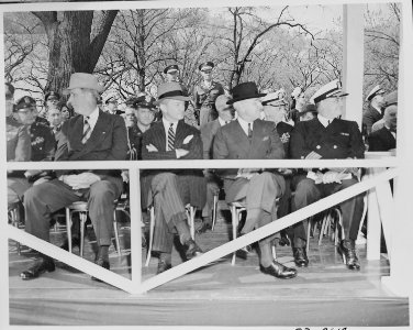 President Truman in the reviewing stand watching the Army Day parade in Washington, D. C. L to R, Secretary of the... - NARA - 199776