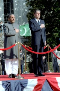 President Ronald Reagan at the arrival ceremony for President Mohammad Zia Ul Haq