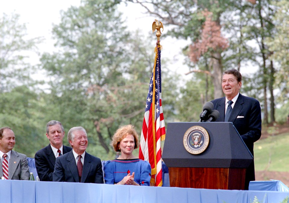 President Ronald Reagan at the dedication ceremony of the Jimmy Carter Presidential Library